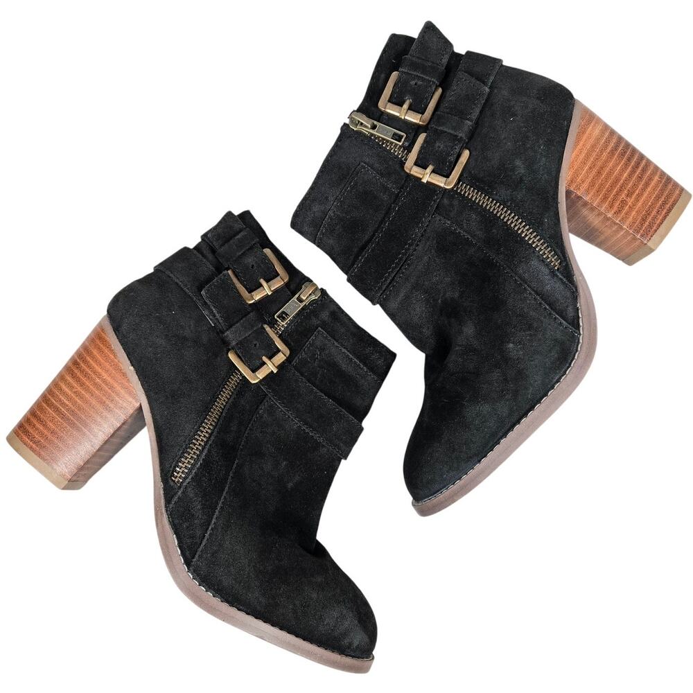 Diba Suede Leather Buckle Zip Stacked Block Heeled Bootie Black 7 NIB